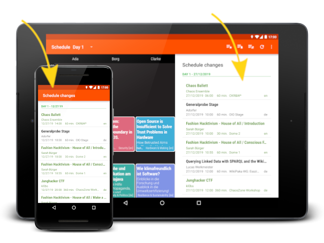 Schedule changes on a smartphone and on a tablet