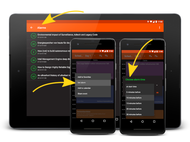 Set alarm menu and choose alarm times on a smartphone and alarms screen on a tablet