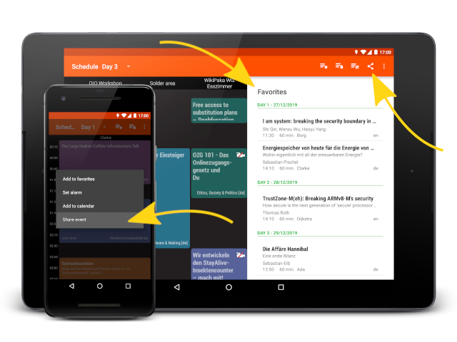 Share event menu on a smartphone and favorites on a tablet
